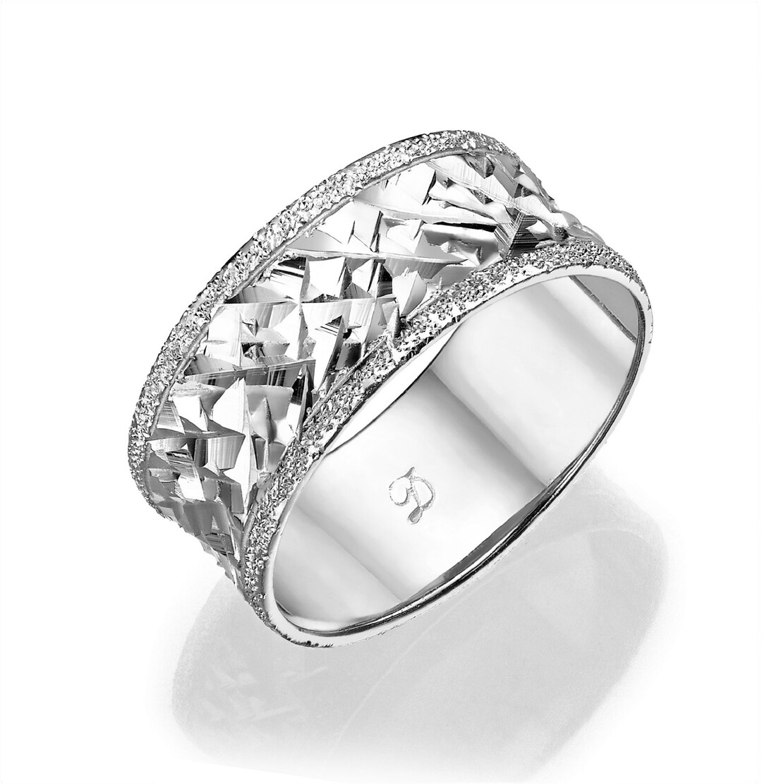 14k Gold Wedding Ring, Wide Diamond Cut Band, Chunky Gold Ring, Sparkle