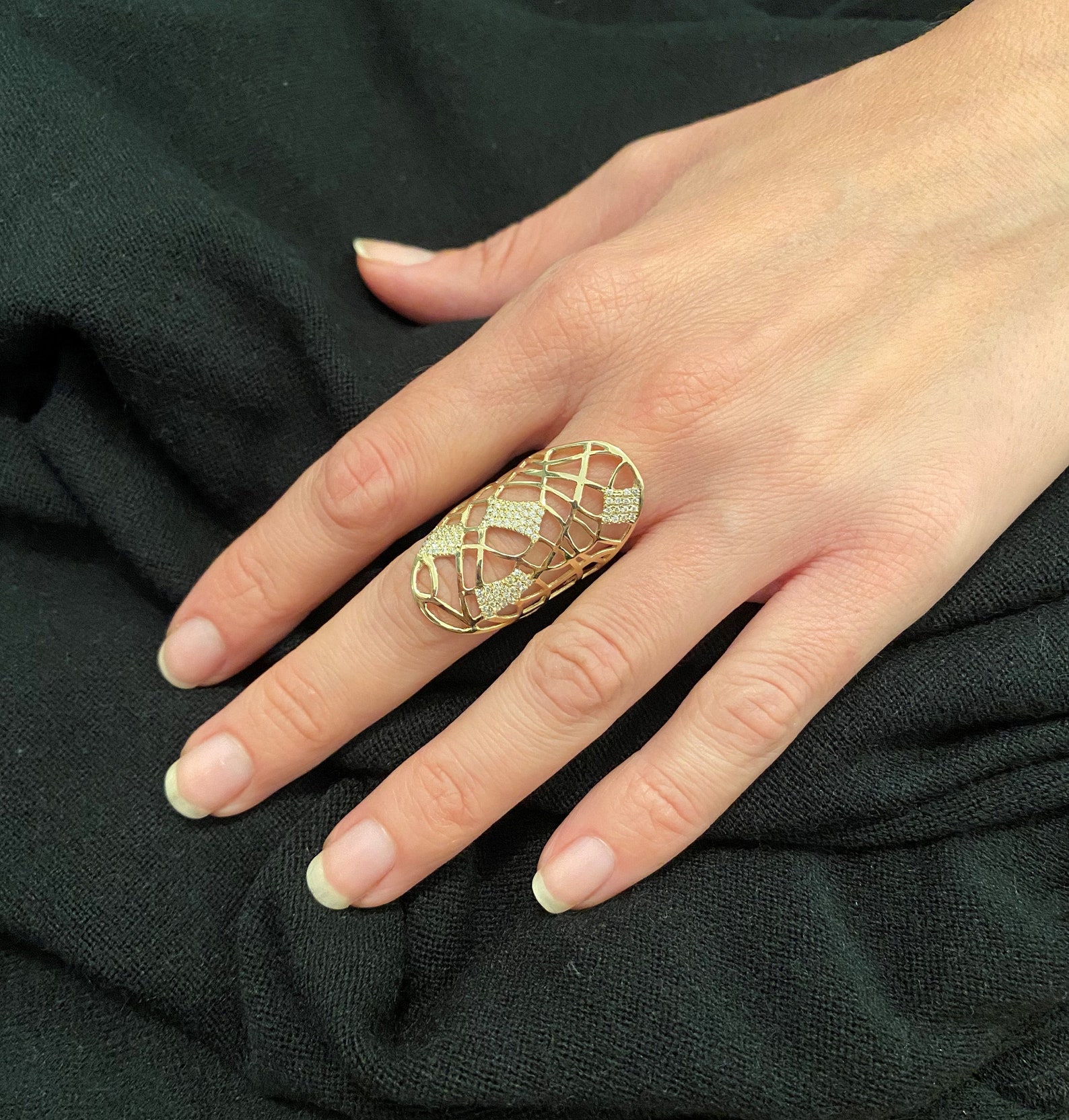 14k Solid Yellow Gold Full Finger Ring Artistic Mesh Pave Etsy UK