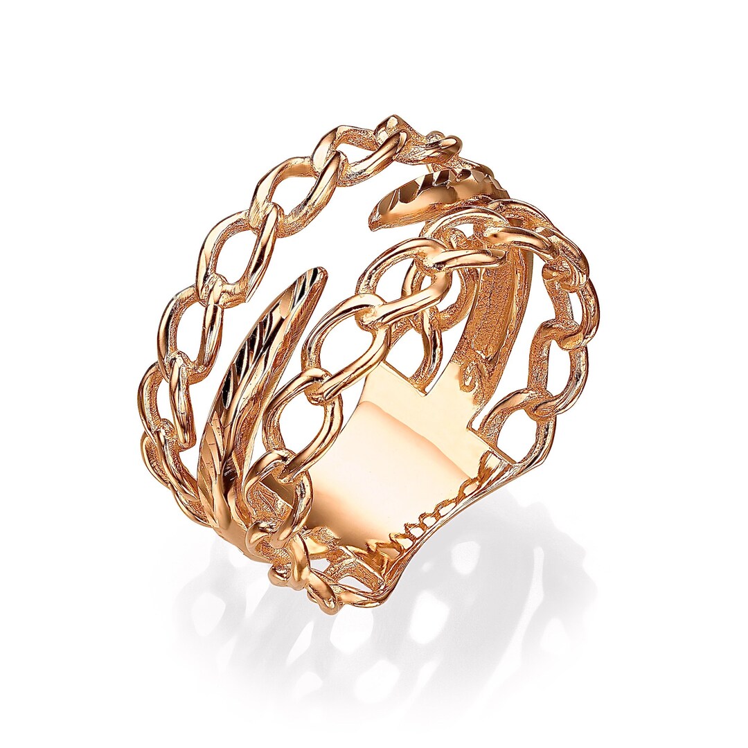 14K Solid Gold Paperclip Design Ring, Three Row Loop Ring, Cuban Chain ...