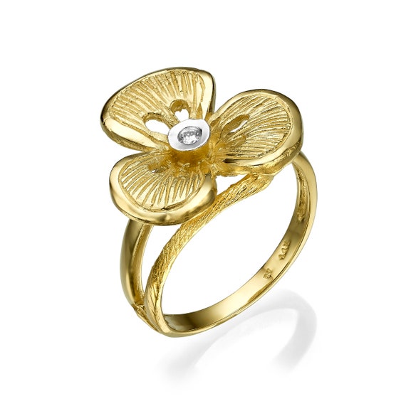 14K ソリッド ゴールド ダイヤモンド フラワー リング、花の細かい 