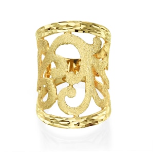 14K Gold Full Finger Ring, Solid Gold Ring, Matt Gold Ring, Vintage Ring, Retro Ring, Filigree Ring, Lace Ring, Bohemian Ring, Chunky Ring,