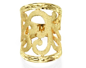 14K Gold Full Finger Ring, Solid Gold Ring, Matt Gold Ring, Vintage Ring, Retro Ring, Filigree Ring, Lace Ring, Bohemian Ring, Chunky Ring,