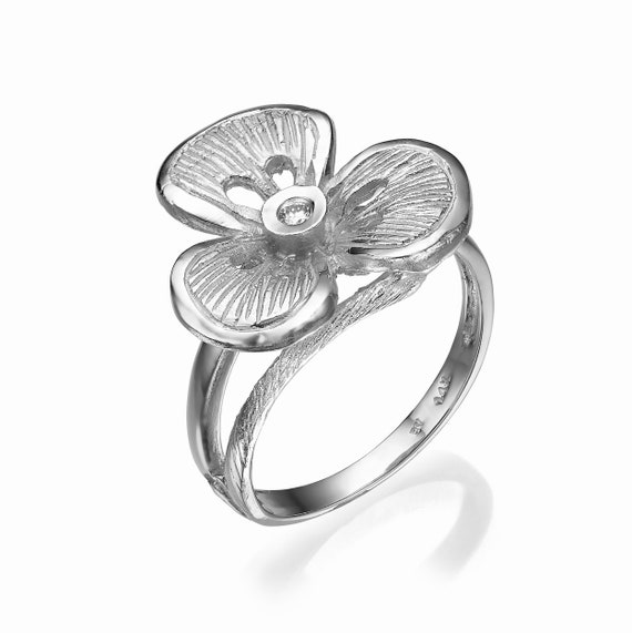 14K ソリッド ホワイト ゴールド ダイヤモンド フラワー リング、花の 