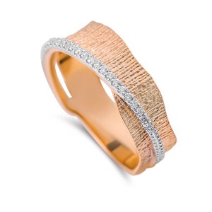 14K Gold strukturierte Diamant Band, breite Ehering, moderne Ehering für Frauen, zeitgenössischen Ring