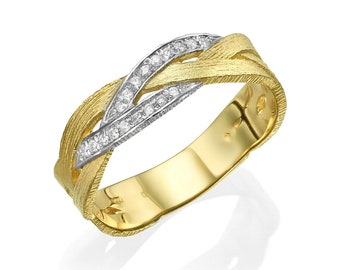 14K Solid Gold Diamond Crossover Ring for Women ,Valentine's Day Gift