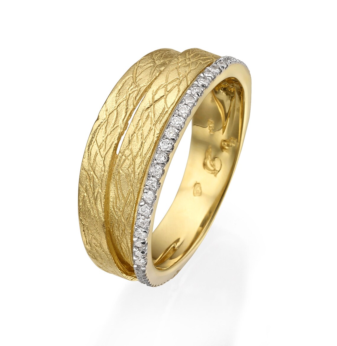 14K Gold Wedding Band With Diamonds Three Band Ring Dainty Etsy