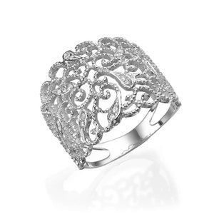 14k White Gold Filigree Diamonds Ring, Lace Diamonds Ring, Vintage Gold Ring, Chunky Gold Ring, Statement Gold Ring for Women