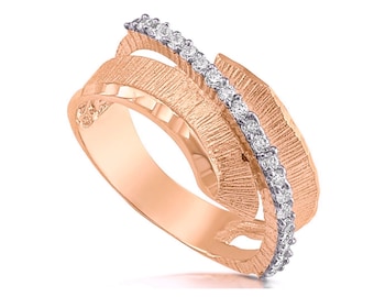 14K Rose Gold Diamond Ring, Modern Diamond Ring, Pave Diamond Band, Gold Special Ring