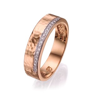 14k Rose Gold Hammered Ring, Diamond Row Ring, Sparkle Gold Ring, Texture Gold Ring, Boho Gold Ring, Elegant Gold Ring, Dainty Gold Ring