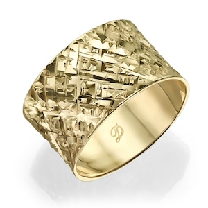 14k Gold Concave Ring, Engraving Ring, Glitter Gold Ring, Textured Ring, Statement Gold Ring, Wide Gold Band, Chunky Ring, Bohemian Ring