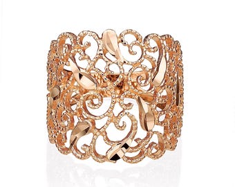 14K Solid Rose Gold Filigree Vintage Ring, Bohemian Ring, Gold Vintage Ringfor Women, Vintage Style Ring, Wide Wedding Ring
