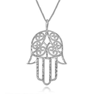 Collier Hamsa en filigrane pour femme, pendentif Hamsa vintage, collier mauvais œil, pendentif main de Fatima, or blanc massif 14k