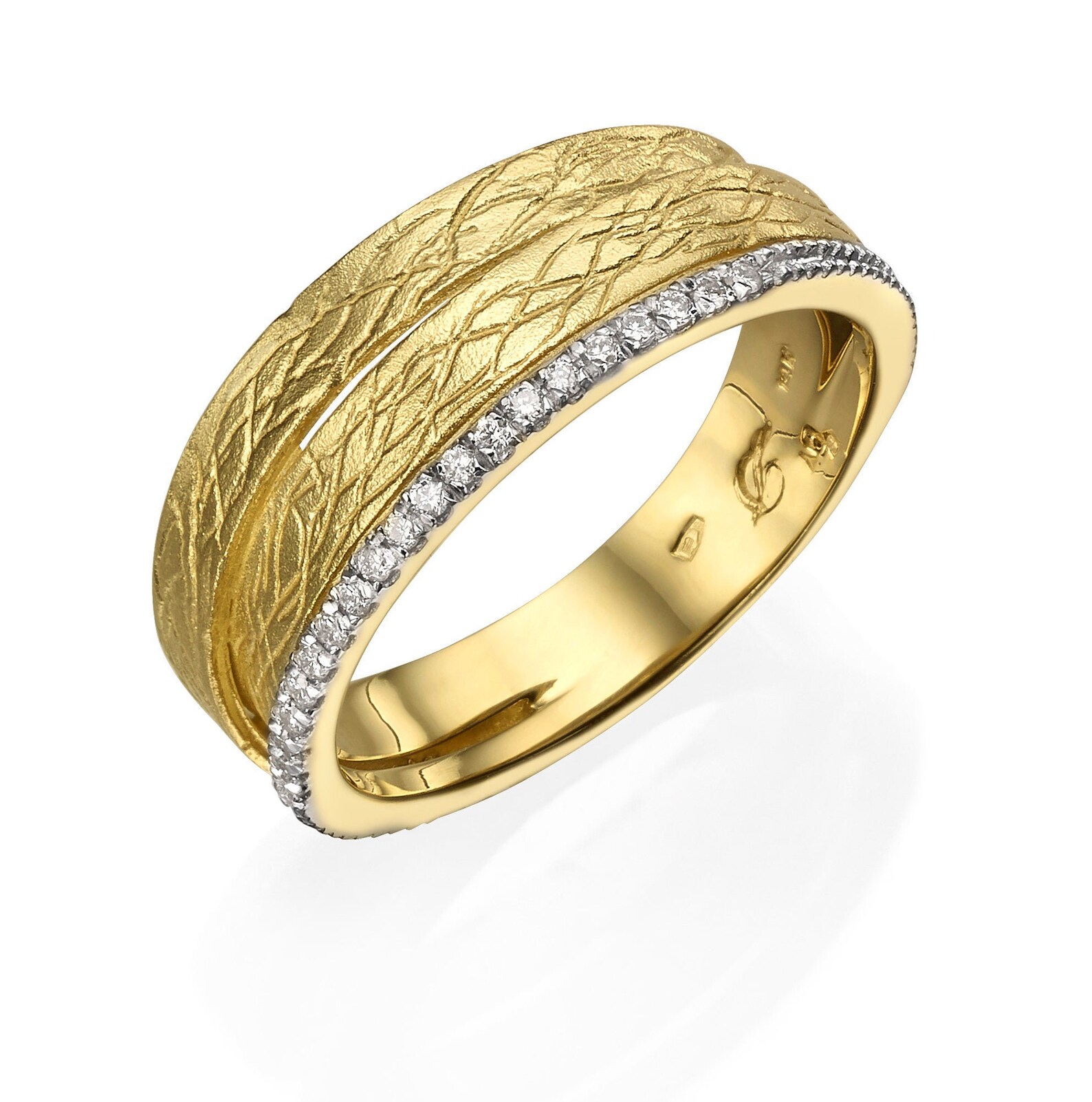 14K Gold Wedding Band With Diamonds Three Band Ring Dainty Etsy