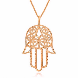Collier main Hamsa en or rose pour femme, pendentif Hamsa vintage, collier mauvais œil, pendentif main de Fatima