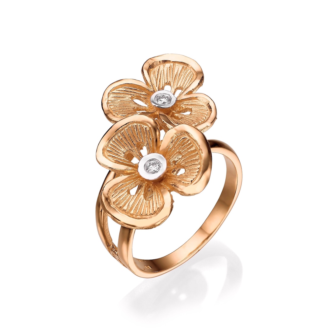 14k Solid Rose Gold Flower Ring, Diamond Floral Design Ring, Leaf ...