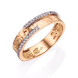 14K Solid Rose Gold Hammered Diamonds Ring, Stack Wedding Band, Hammered Wedding Ring, Diamonds Band, Boho Gold Ring, Gift For Her