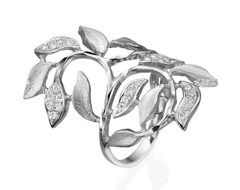 14k gold Leaf Ring, Full Finger Ring, Diamond Leaf Ring, Leaves Diamond Ring, Artisan Ring, Branch Ring, Nature Diamond Ring, Casual Ring
