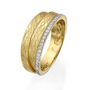 14K Gold Wedding band with Diamonds, Three Band Ring, Dainty Diamonds Ring, Adjustable Ring For Women, Hammered Band, Textured Gold Ring