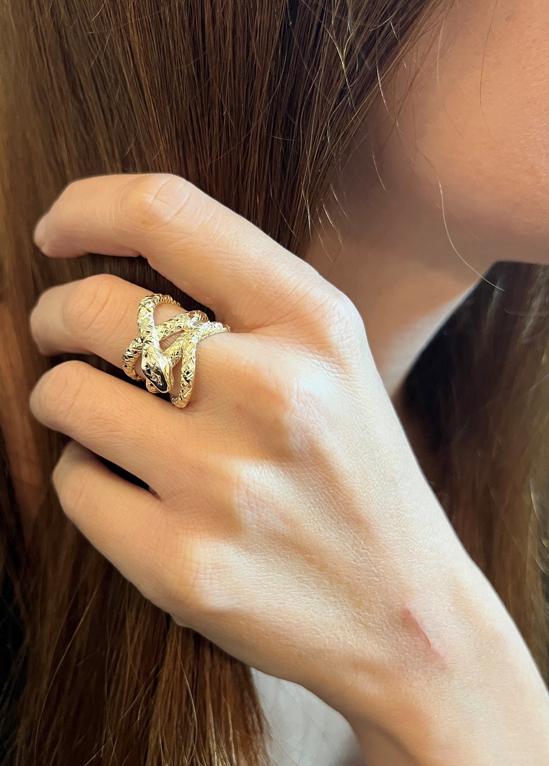 14k Gold Snake Ring, Artisan Gold Rings, Texture Ring, Gold Design Ring ...