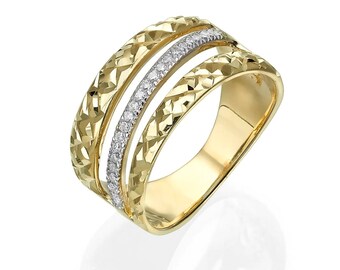14K Solid Gold Ring, Pave Diamonds Band, Wide Band Ring, Diamonds Statement Ring, Triple Designer Ring, Gold Texture Ring for Women