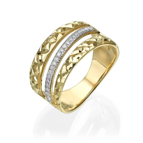 14K Solid Gold Three Band Ring , Pave Diamonds Band, Triple Bar