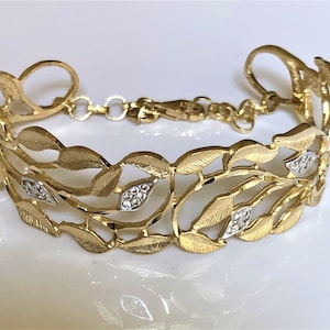 14k Gold Leaf Bracelet, Gold Zircon Bracelet, Leaf Design Bracelet, Wide Gold Bracelet, Gold Statement Bracelet, Wide Cuff Bracelet