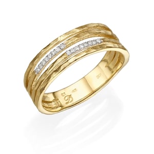 14K Gold Hammered Diamonds Ring, 14 Karat Gold Textured Ring, Wide Band Ring for Women, Gold Wedding Band, Dainty Diamonds Gold Ring