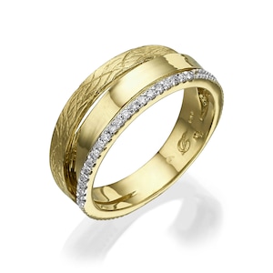14k Solid Gold Textured Ring, Gold Stacking Ring, Triple Ring, Artisan Gold Ring, Casual Gold Ring, Boho Diamond Ring