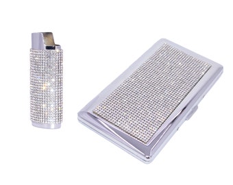 Bling Crystal Rhinestone Cigarette Case / Lighter Sleeve Set for 120s & 100s