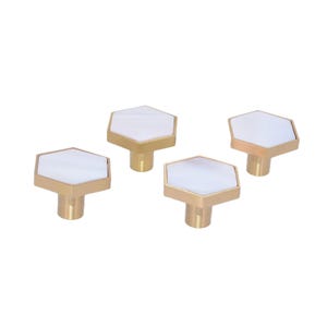 May include: Four gold hexagonal cabinet knobs with white mother of pearl inlays.