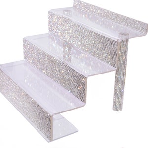 Bling Glam Rhinestone 3 Tier Display Shelves Organizer for Cosmetics, Makeup, Nail Polish, Perfume. Bedazzled Tiered Riser Displays CT09