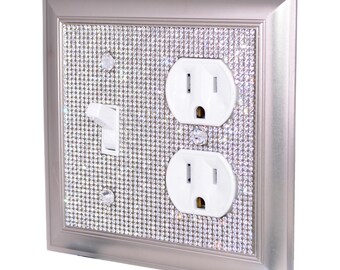 Classy Bling Rhinestone Wall Plate Cover - Satin Nickel Finish (2 Gang) (Combo Toggle / Oulet)