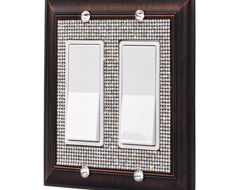 Classy Bling Rhinestone Wall Plate Cover - Distressed Rubbed Bronze (2 Gang)