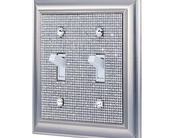 Classy Bling Rhinestone Wall Plate Cover - Satin Nickel Finish (2 Gang)