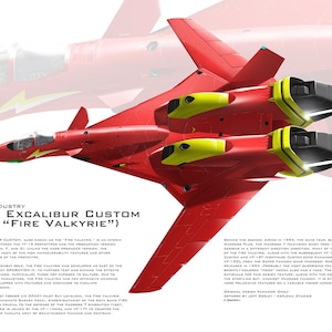 May include: A red VF-19 Excalibur Custom fighter jet, also known as the "Fire Valkyrie," with yellow and black accents. The image includes the text "Shinsei Industry VF-19 Excalibur Custom (AKA - Fire Valkyrie)" and technical details.