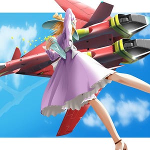 May include: An illustration of a red jet fighter with a person in a purple dress and hat. The person is in mid-air, with their legs extended. The background is a bright blue sky.