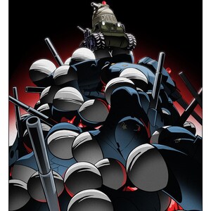 May include: An illustration depicts a military scene with a tank labeled "POLICE" atop a crowd of uniformed figures. The figures wear white helmets and dark blue uniforms, with red accents and a dark background.