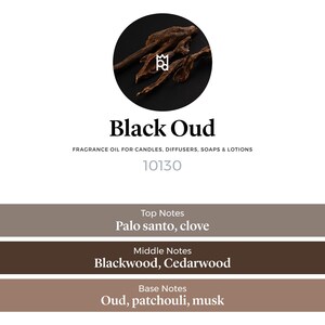Może przedstawiać: Zbliżenie na ciemnobrązowe wi&oacute;ry drewna, z tekstem "Black Oud" i "FRAGRANCE OIL FOR CANDLES, DIFFUSERS, SOAPS & LOTIONS" oraz numerem "10130". Widoczny jest r&oacute;wnież tekst "Top Notes", "Palo santo, clove", "Middle Notes", "Blackwood, Cedarwood", "Base Notes", "Oud, patchouli, musk".