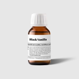 May include: A brown glass bottle with a white cap labelled "Black Vanilla" fragrance oil for use in candles, reed diffusers, soaps, and more. The label includes instructions for storage and use.