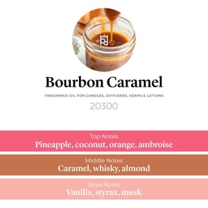 May include: A close-up of a glass jar filled with a golden brown caramel sauce. The sauce is being poured from a spoon. The text "Bourbon Caramel" is written in black text above the jar. The text "FRAGRANCE OIL FOR CANDLES, DIFFUSERS, SOAPS & LOTIONS" is written in black text below the jar. The text "20300" is written in black text below the fragrance oil description. The text "Top Notes" is written in white text on a pink background. The text "Pineapple, coconut, orange, ambroise" is written in black text on a pink background. The text "Middle Notes" is written in white text on a brown background. The text "Caramel, whisky, almond" is written in black text on a brown background. The text "Base Notes" is written in white text on a pink background. The text "Vanilla, styrax, musk" is written in black text on a pink background.