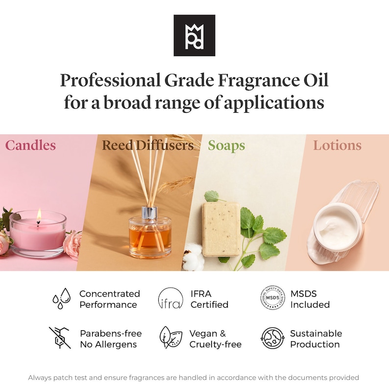 May include: A collage of images showcasing different applications for professional grade fragrance oil. The images show a pink candle, a reed diffuser, a bar of soap, and a jar of lotion. The text "Professional Grade Fragrance Oil for a broad range of applications" is at the top of the image. The text "Candles", "Reed Diffusers", "Soaps", and "Lotions" are below the images. The text "Concentrated Performance", "IFRA Certified", "MSDS Included", "Parabens-free No Allergens", "Vegan & Cruelty-free", and "Sustainable Production" are below the images.