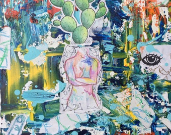 Abstract Mixed Media Painting, Collage Art (12x12 Inches)