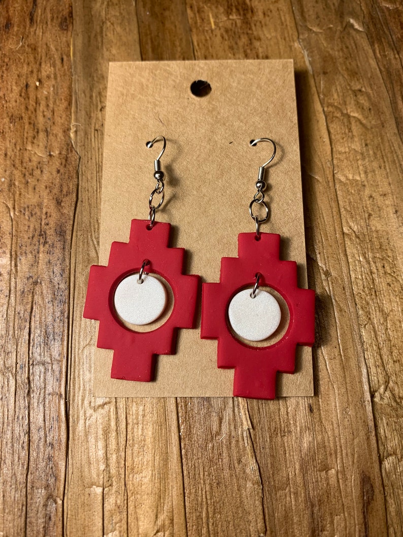 Red Aztec Handmade Polymer Clay Earrings