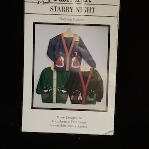 Puede incluir: Un patrón de costura para un suéter "Starry Night". El patrón incluye tres diseños para transformar una sudadera comprada en una chaqueta. Los diseños presentan a un Papá Noel, una luna y estrellas, y un pueblo de invierno.