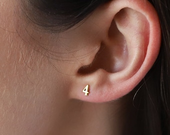 14K Solid Gold Number Stud Earrings: Personalized Dainty Minimalist Jewelry