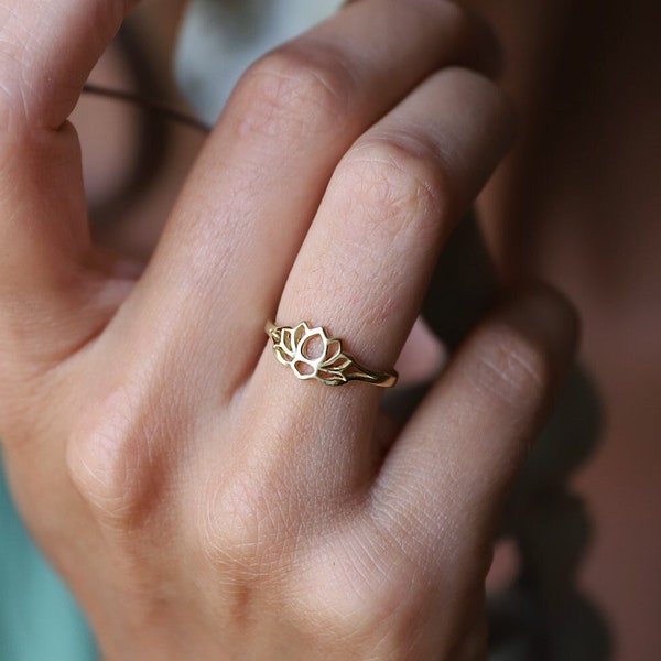 Cute Lotus Flower Engagement Gold Ring • Spiritual Ring Sterling Silver  • Gifts for Her