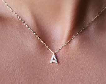 Custom Dainty Dangle Pave Initial Pendant Necklace with CZ Diamonds • Handmade Tiny Cute Letter Necklace • Wedding Gifts