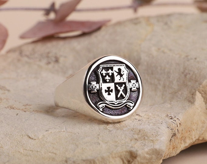 Featured listing image: Sterling Silver Family Crest Signet Ring: Personalized Coat of Arms