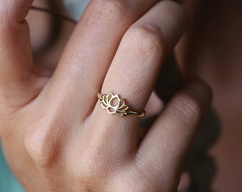 Jolie bague de fiançailles en or avec fleur de lotus • Bague spirituelle en argent sterling • Cadeaux pour elle