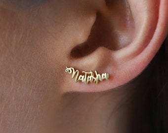 Handmade 14K Solid Real Gold Studs Name Earrings, Personalized Dainty Jewelry by NecklaceDreamWorld